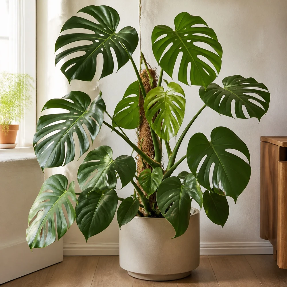 A mature monstera with large green leaves beside a window
